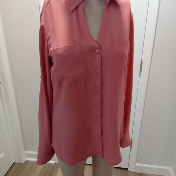 Express Size S. Women's Pink Button-Up Collard V-Neck Blouse - Picture 1 of 11